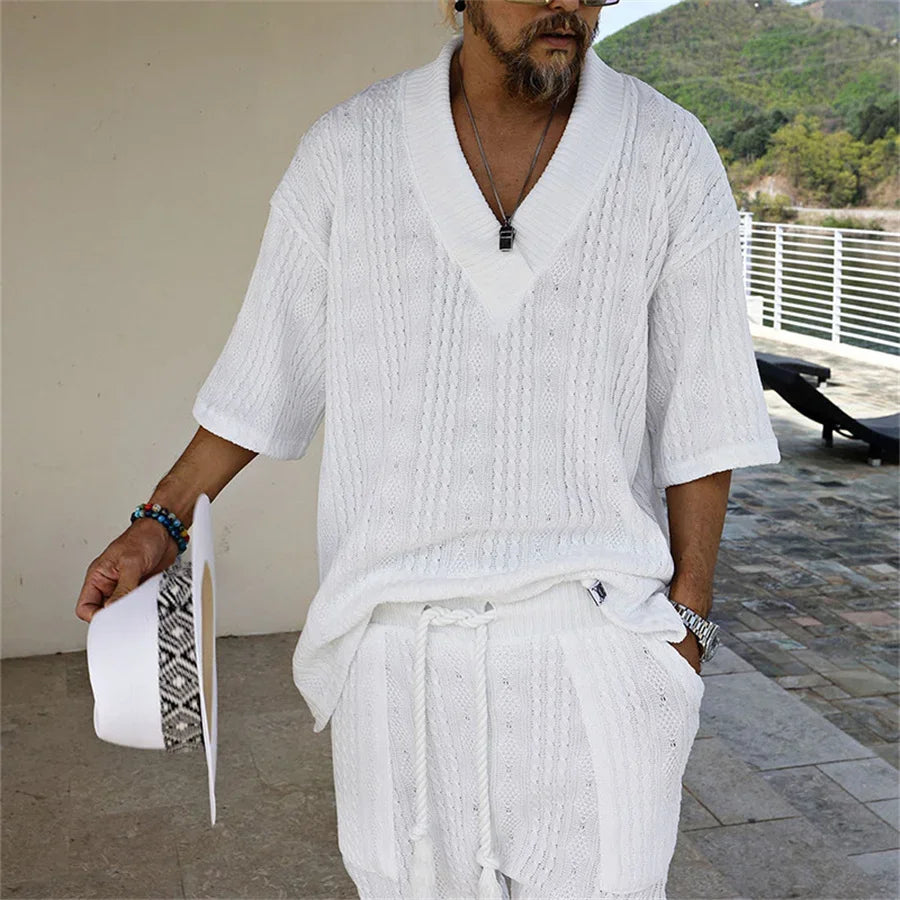 2025 Casual Shorts Set Knitted Two Piece Men's Clothing V-Neck Short Sleeve T-shirt and Shorts Streetwear Knit Outfits