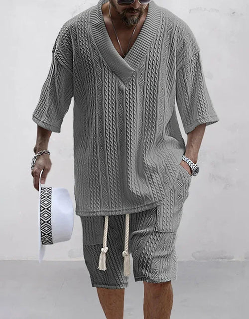 Load image into Gallery viewer, 2025 Casual Shorts Set Knitted Two Piece Men's Clothing V-Neck Short Sleeve T-shirt and Shorts Streetwear Knit Outfits