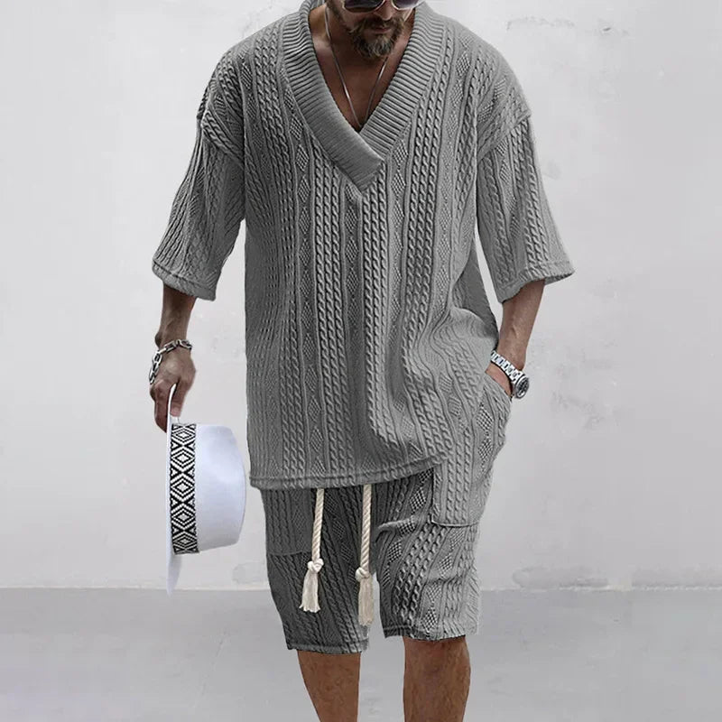 2025 Casual Shorts Set Knitted Two Piece Men's Clothing V-Neck Short Sleeve T-shirt and Shorts Streetwear Knit Outfits