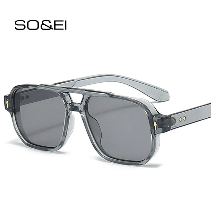 Vintage Double Bridges Men Square Sunglasses Fashion Clear Ocean Lens Eyewear  Trending Rivets Sun Glasses UV400
