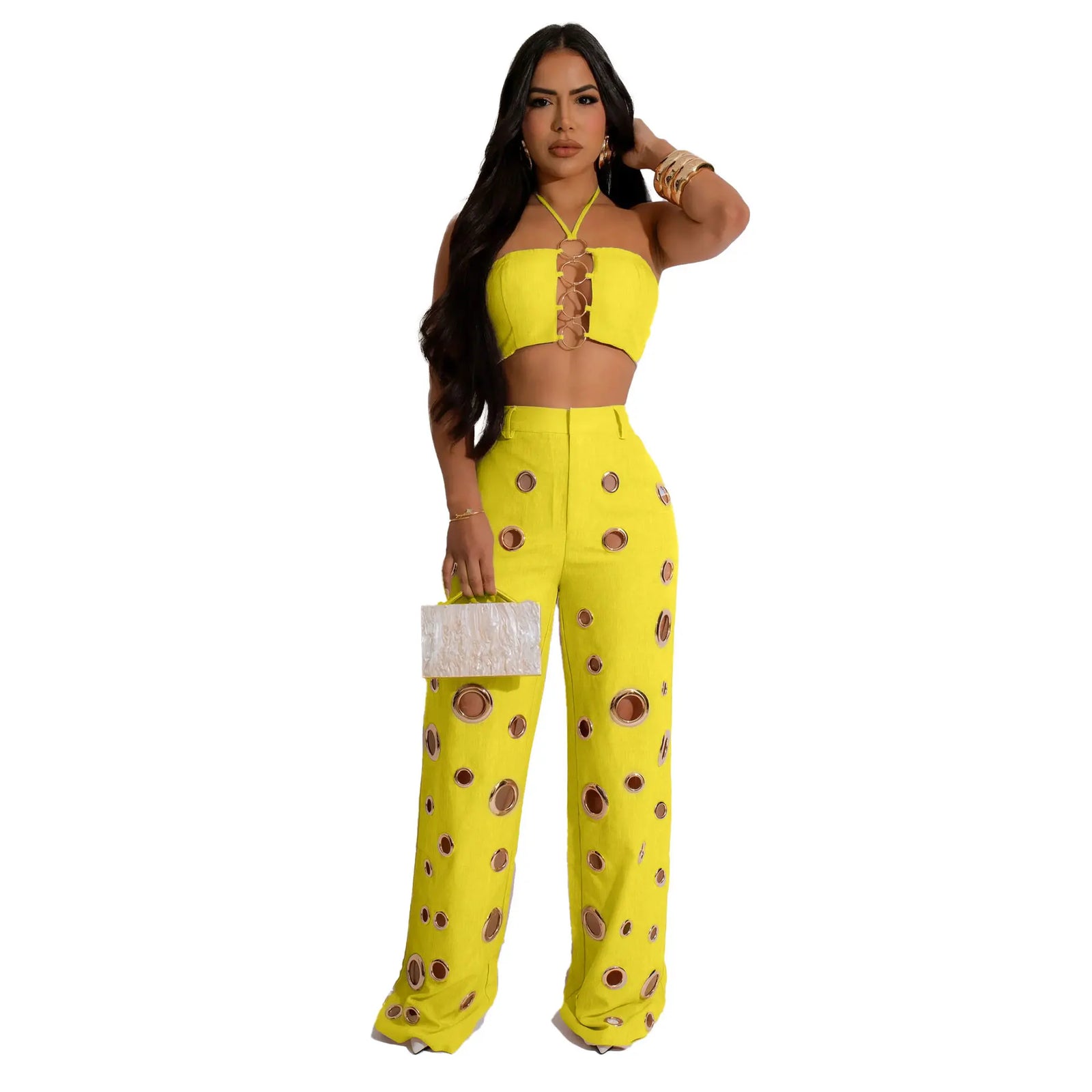 Sexy Solid Hole Wide Leg Pants Streetwear Women Halter Sleeveless Backless Crop Top And Pants Two Piece Sets Outfits