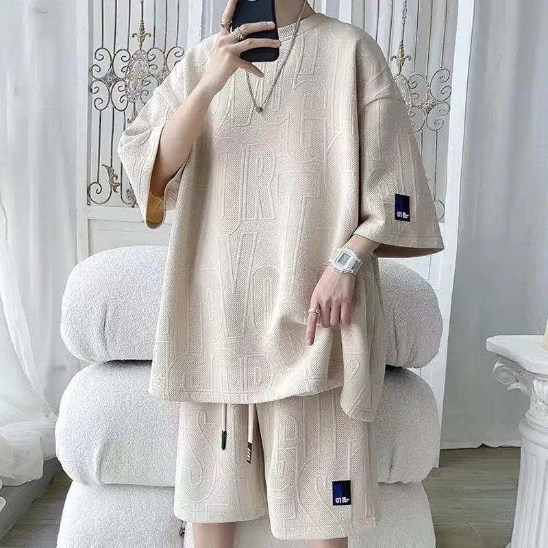 2025 Men's New Waffle Summer Suit  Casual shirt + Shorts  Loose Fit