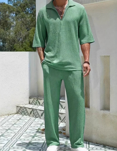 Load image into Gallery viewer, 2025 New Spring summer Men's retro casual suit collar solid color half-sleeved shirt loose drawstring pants Two-piece  Suit