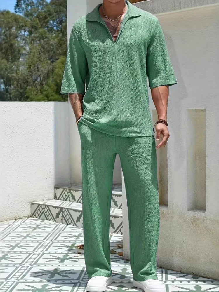 2025 New Spring summer Men's retro casual suit collar solid color half-sleeved shirt loose drawstring pants Two-piece  Suit