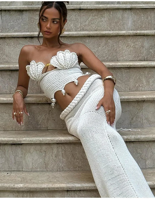 Load image into Gallery viewer, Crochet Knitted Pearl Bra Skirt Set ,Backless Hollow Out Short Top Twists Long Skirt