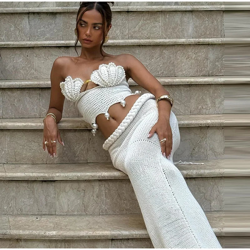 Crochet Knitted Pearl Bra Skirt Set ,Backless Hollow Out Short Top Twists Long Skirt