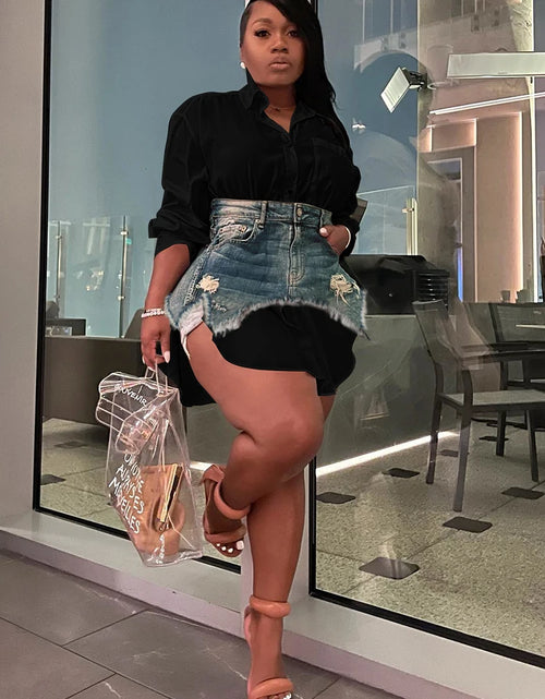 Load image into Gallery viewer, Solid Lapel Long Sleeve Single Breasted Shirt Dress and Irregular Denim Skirt
