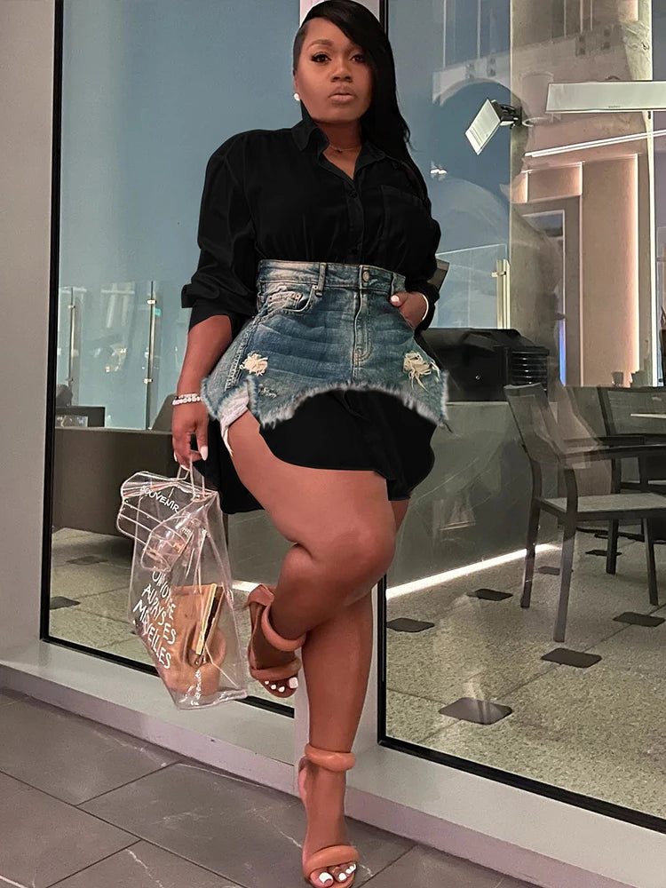 Solid Lapel Long Sleeve Single Breasted Shirt Dress and Irregular Denim Skirt