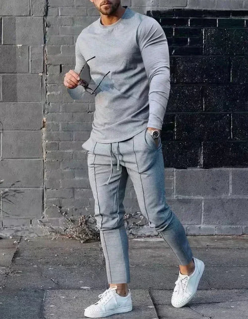Load image into Gallery viewer, 2025 Spring New Men's Casual Sport Two-pieces Fashion Solid Long Sleeve O-neck T-shirt and Sweatpants Suits Men Tracksuit Outfit