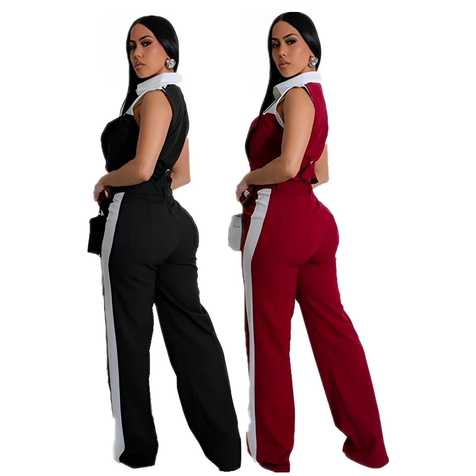 Spring Summer Fashion Color Contrasting Two Piece Set Women Short Sleeve Shirt Top Straight Long Pants Elegant 2 Piece Set Women
