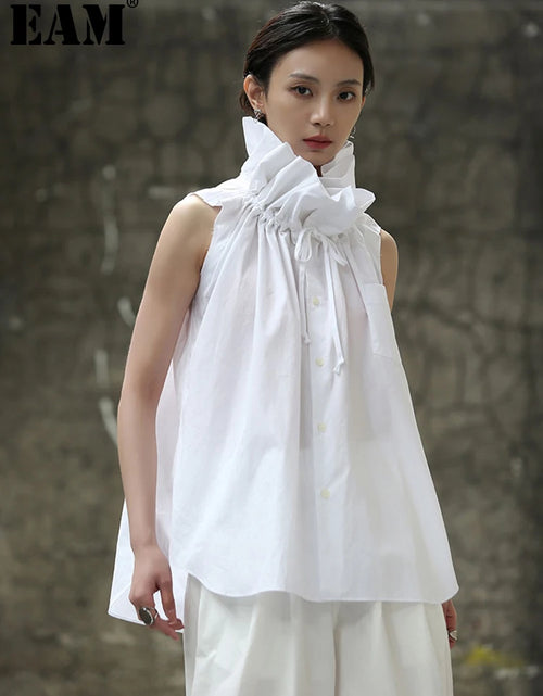 Load image into Gallery viewer, Women White Ruffles Big Size Blouse New Stand Collar Sleeveless Loose Fit Shirt Spring Summer 2025