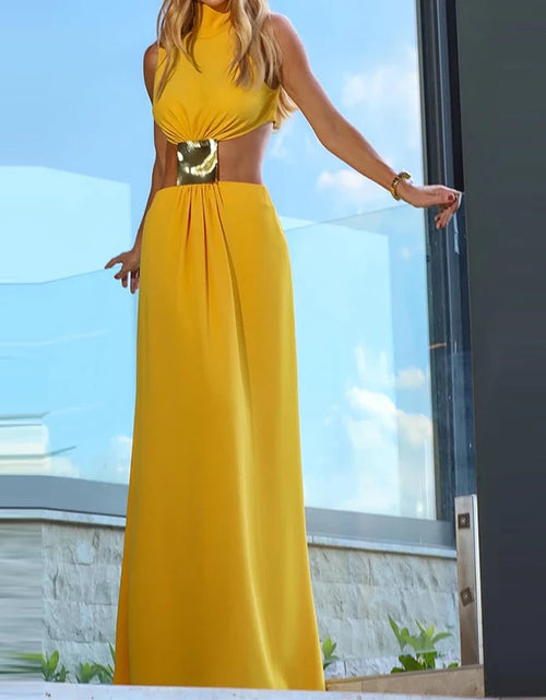 Load image into Gallery viewer, 2025 Summer Fashion Temperament Solid Long Dress Sexy Sleeveless Pleats Robe Dress  Hollow Backless Long Dress