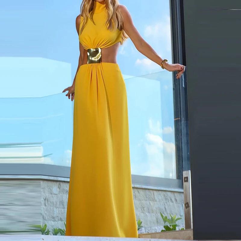 2025 Summer Fashion Temperament Solid Long Dress Sexy Sleeveless Pleats Robe Dress  Hollow Backless Long Dress