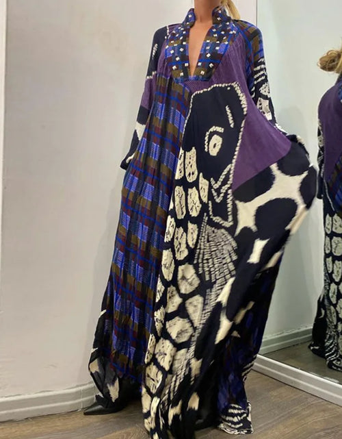 Load image into Gallery viewer, Elegant Bo Ho Pattern Print Women Maxi Dress  V Neck, Long Dress with Long Sleeves and Pockets