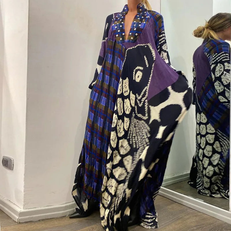 Elegant Bo Ho Pattern Print Women Maxi Dress  V Neck, Long Dress with Long Sleeves and Pockets