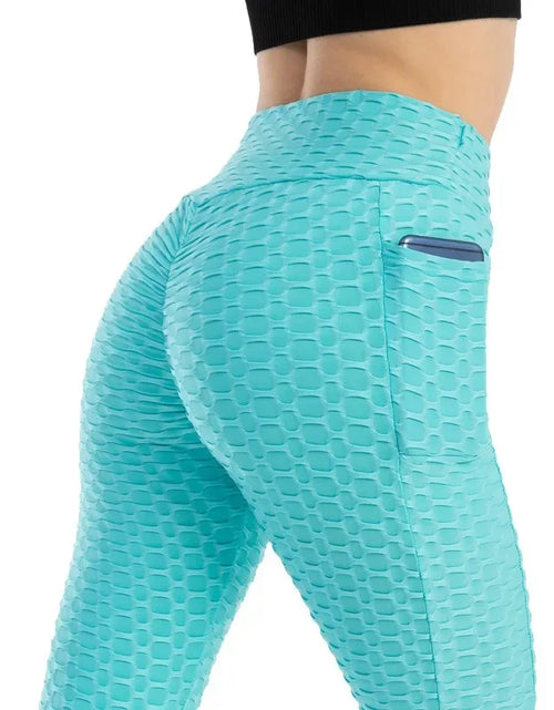 Load image into Gallery viewer, Women Fashion Pocket Bubble Pants Stretchy Slim Leggings Gym Running Cycling Fitness Pants High Waist Hip Lift Leggings Female
