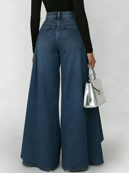 New Women's High Waist Casual Wide Leg Jeans Overlay Flare Denim Pants with Pockets Fashionable Baggy Jeans