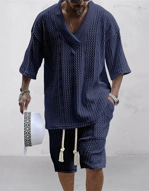 Load image into Gallery viewer, 2025 Casual Shorts Set Knitted Two Piece Men's Clothing V-Neck Short Sleeve T-shirt and Shorts Streetwear Knit Outfits