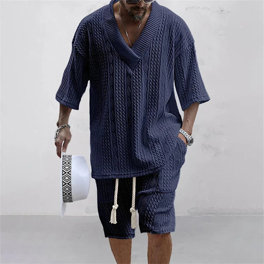 2025 Casual Shorts Set Knitted Two Piece Men's Clothing V-Neck Short Sleeve T-shirt and Shorts Streetwear Knit Outfits