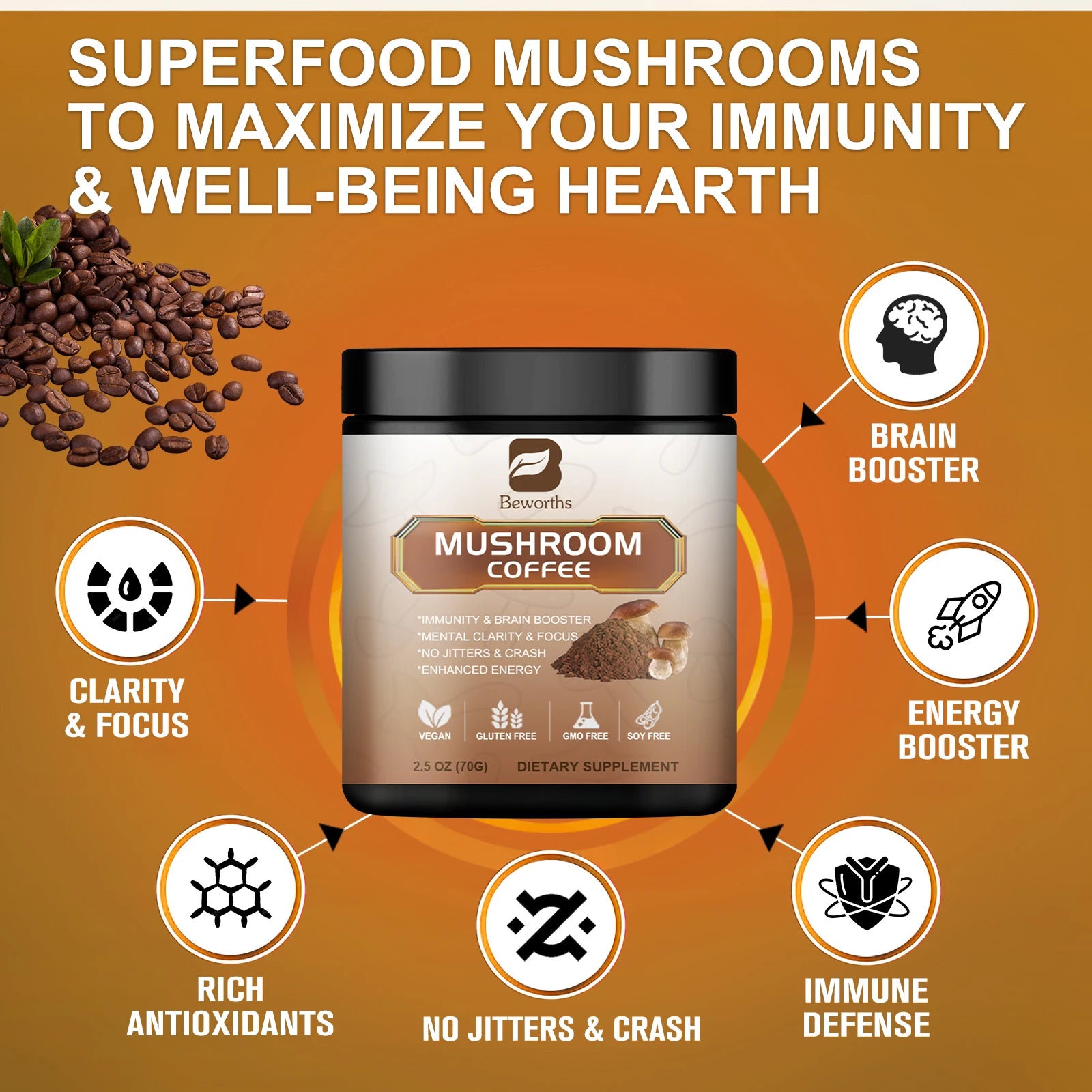 10 in 1 Mushroom Coffee Mixed Reishi & Lion's Mane Mushrooms Support Immunity and Focus Health Boost Memory 70g NO-GMO