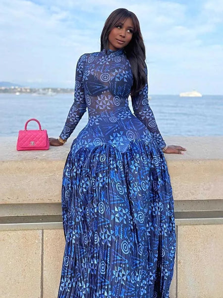 Royal Blue Dress for Women Mid-turtleneck High Waist Transparent Light Long Dress with Sleeves Pleated Maxi Dress