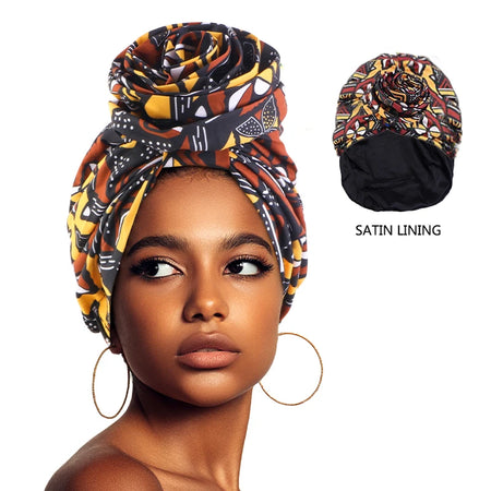 Woman African Satin Lined Turban Cap Big Flower Hat Floral Printed Headwrap Bonnet Headscarf Ladies