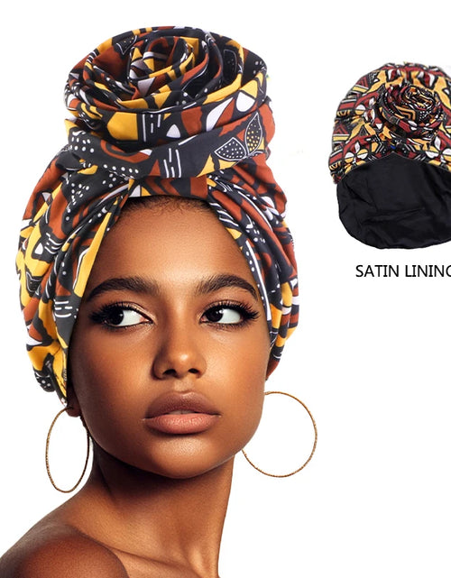 Load image into Gallery viewer, Woman African Satin Lined Turban Cap Big Flower Hat Floral Printed Headwrap Bonnet Headscarf Ladies