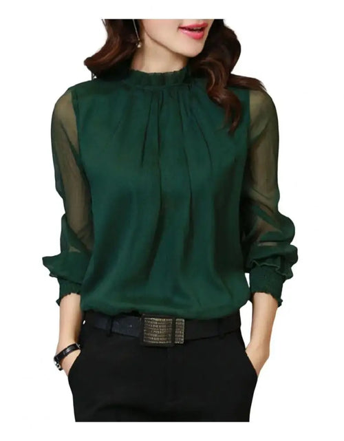 Load image into Gallery viewer, Women's Elegant Chiffon Blouse with Ruffle Collar And Elastic Cuffs Full Sleeve Solid Color Mesh Shirt