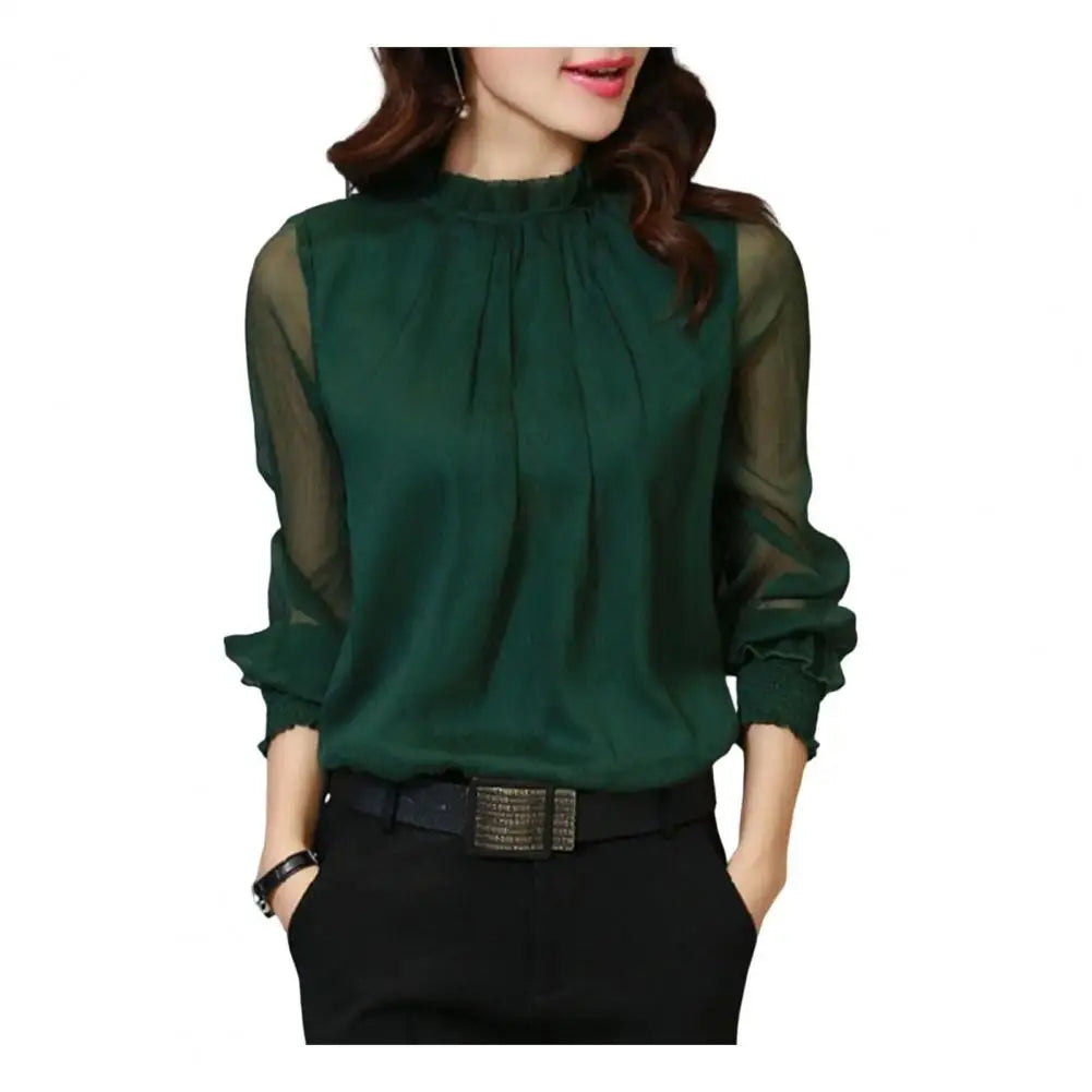Women's Elegant Chiffon Blouse with Ruffle Collar And Elastic Cuffs Full Sleeve Solid Color Mesh Shirt