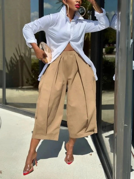 Women's Capri Trousers Pockets pleated Wide Leg Casual Vintage Loose High Waist Leisure Calf-length Pants