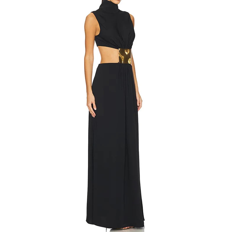 2025 Summer Fashion Temperament Solid Long Dress Sexy Sleeveless Pleats Robe Dress  Hollow Backless Long Dress