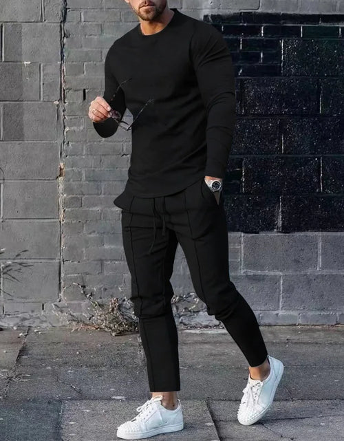 Load image into Gallery viewer, 2025 Spring New Men's Casual Sport Two-pieces Fashion Solid Long Sleeve O-neck T-shirt and Sweatpants Suits Men Tracksuit Outfit