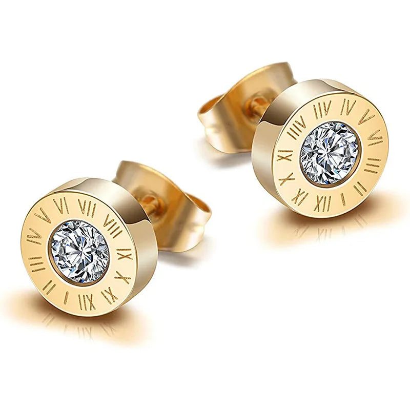 Fashion New Stainless Steel Acrylic Crystal Stud Jewelry Vintage Roman Numerals Small Earring