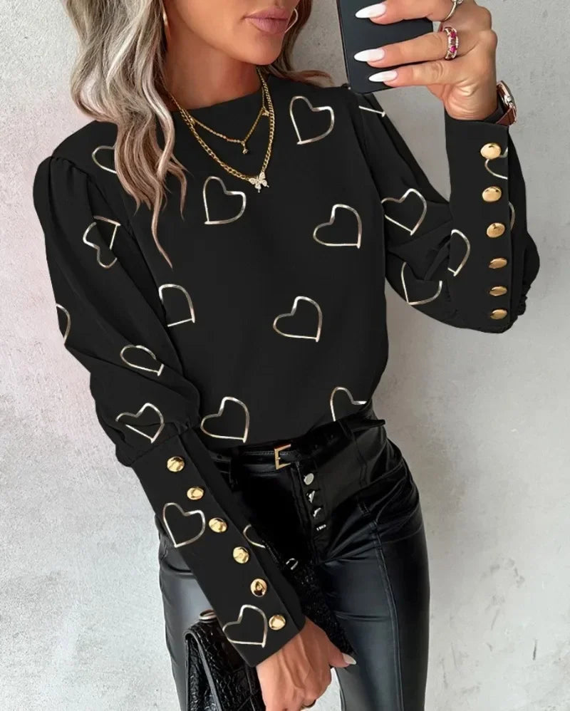 Women's  Fashionable  Heart Printed Long Sleeved Top