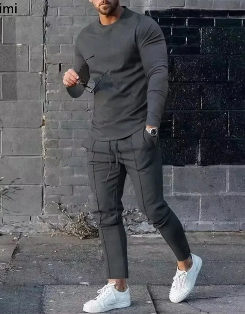 Load image into Gallery viewer, 2025 Spring New Men's Casual Sport Two-pieces Fashion Solid Long Sleeve O-neck T-shirt and Sweatpants Suits Men Tracksuit Outfit