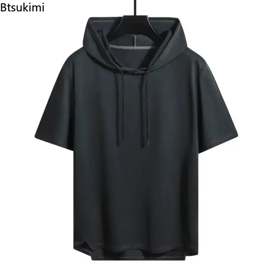 2025 Men's Summer Hoodies T-shirts Short Sleeve Solid Color Loose Hooded Drawstring Pullover Tops