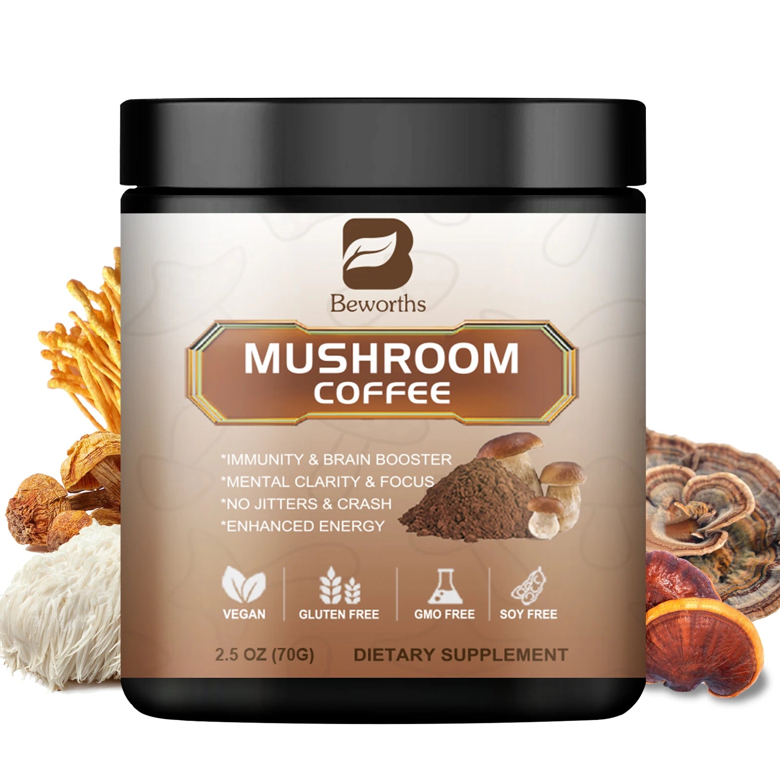 10 in 1 Mushroom Coffee Mixed Reishi & Lion's Mane Mushrooms Support Immunity and Focus Health Boost Memory 70g NO-GMO