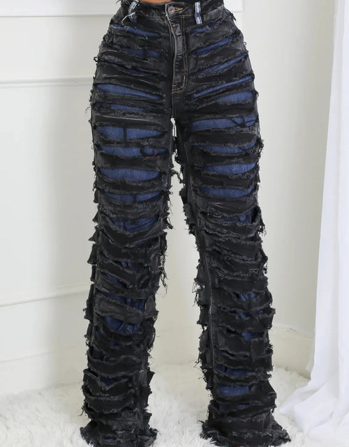 Load image into Gallery viewer, Street Denim Pants Women Ripped Out Striped High Waist Zipper Jeans