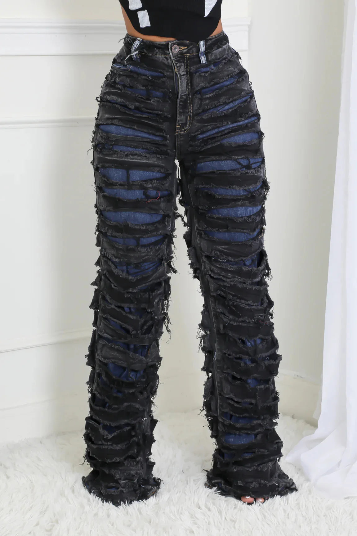 Street Denim Pants Women Ripped Out Striped High Waist Zipper Jeans