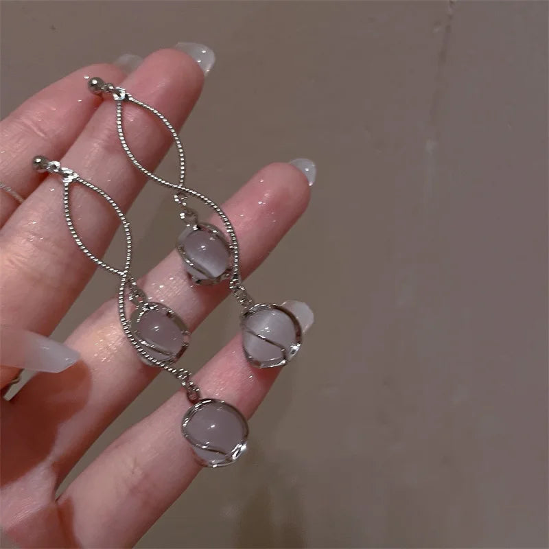 Elegant Long Copper Drop Earrings with round Cut Synthetic Gems