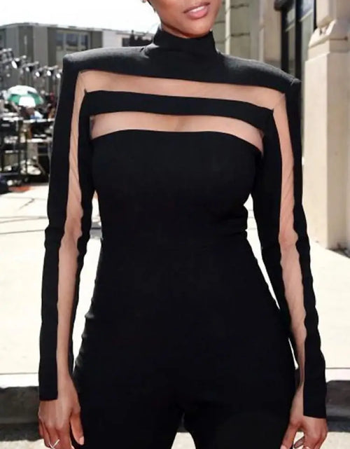 Load image into Gallery viewer, Female Fashion Sexy Mesh Split-Joint High Neck T-Shirts 2025 New Spring Long Sleeves Solid Color Skinny Tops For Women