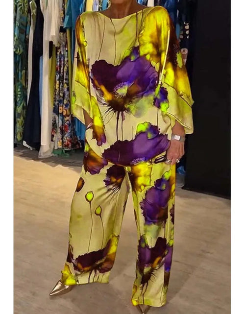 Load image into Gallery viewer, Casual Sets for Women 2 pieces Summer Fashion Printed Satin Two Piece Sets Women Sexy Round Neck Top+Wide Leg Long Pants Outfits