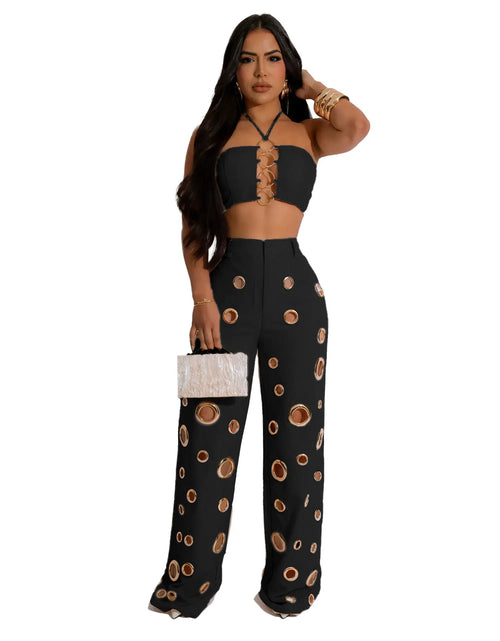 Load image into Gallery viewer, Sexy Solid Hole Wide Leg Pants Streetwear Women Halter Sleeveless Backless Crop Top And Pants Two Piece Sets Outfits