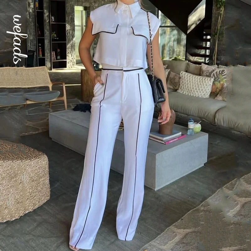 Women Two Piece Set  Contrast Button Sleeveless Vest Jacket Slim Top Loose With Pockets Pants Sets