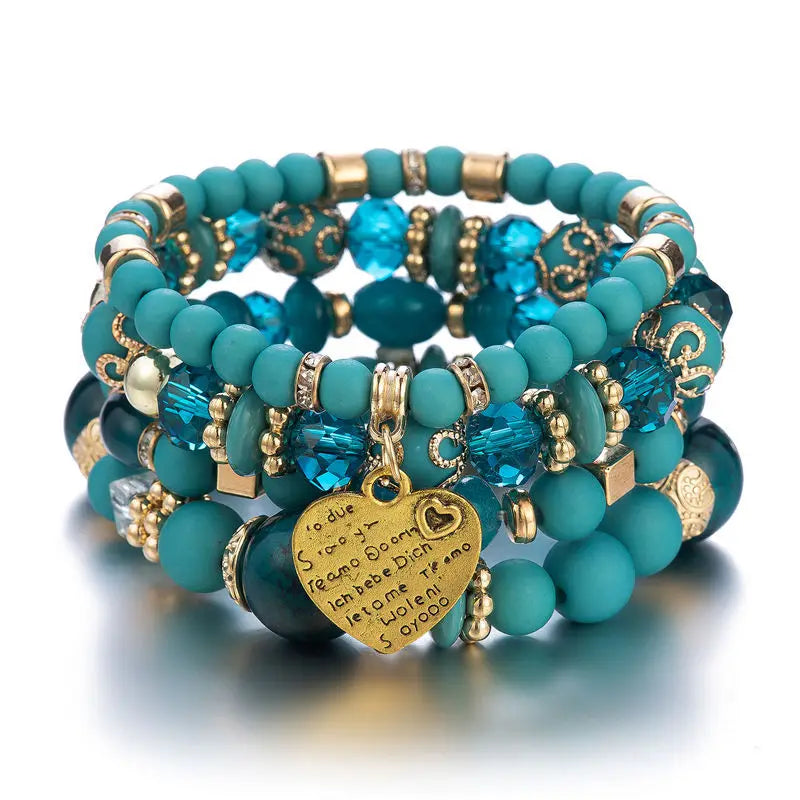 4Pcs/Set Boho Ethnic Handmade Crystal Beaded Heart Bracelet Set for Women Female Bohemia Jewelry Chain Bangle Ethnicity Fashion