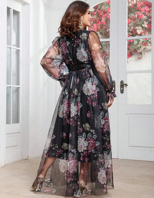 Load image into Gallery viewer, 2025 New Spring Women's Casual Elegant Long Sleeve Party Maxi Dresses Plus Size Floral Print V-Neck Mesh Patchwork Dress