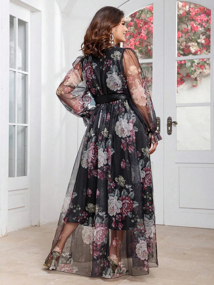 2025 New Spring Women's Casual Elegant Long Sleeve Party Maxi Dresses Plus Size Floral Print V-Neck Mesh Patchwork Dress