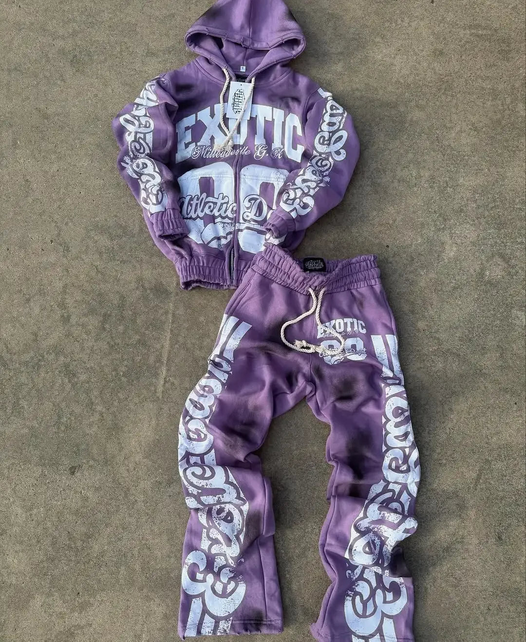 2025 High Street Trendy Brand Fashion Letter Print Zipper Hoodie  Retro Hip Hop Rock Trousers Set Women