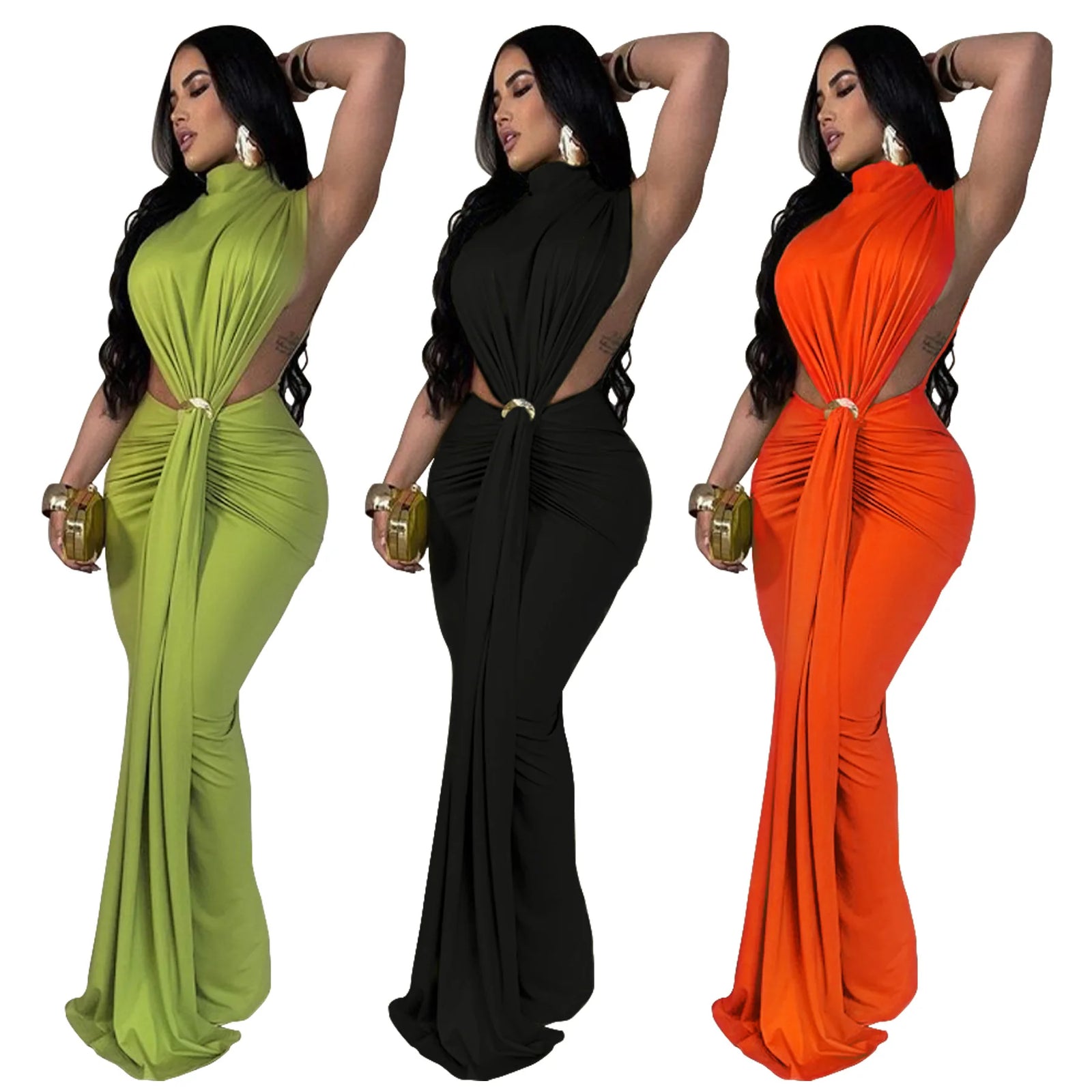 Women O-neck High Split Stacked Bodycon Midi Maxi Dress 2024 Evening Party Club Long Dress