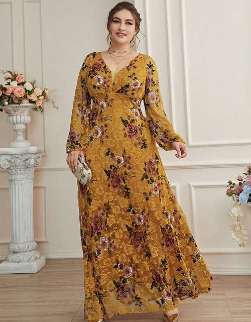 Load image into Gallery viewer, Spring Summer Lace Mesh Floral Print Lantern Sleeve Dress New Plus Size